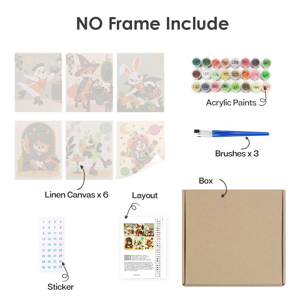 What's included without a frame: six rolled Halloween Hangout Friends mini canvases, acrylic paints, three brushes and layout