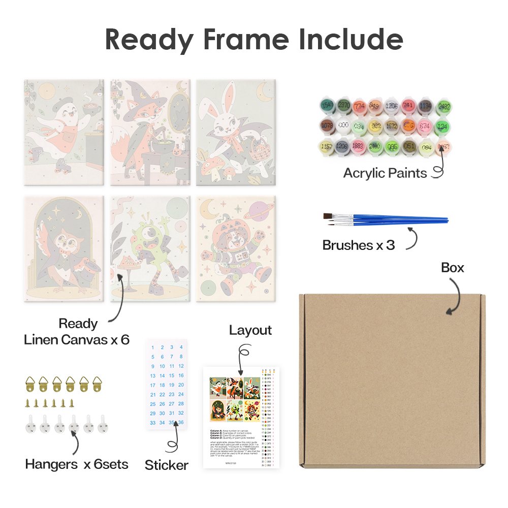 What's included pre-stretched on frame: six framed Halloween Hangout Friends mini canvases, paints, three brushes, hangers and layout