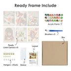 What's included pre-stretched on frame: six framed Halloween Hangout Friends mini canvases, paints, three brushes, hangers and layout