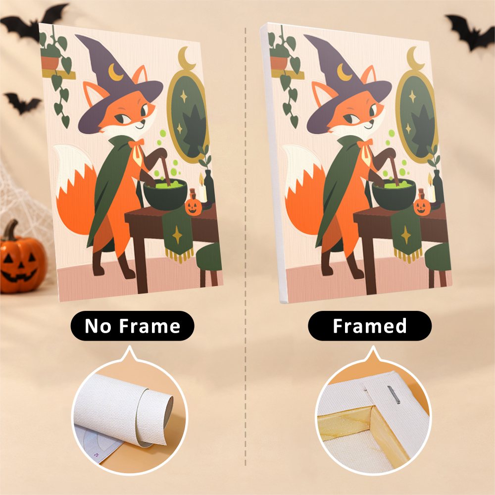 Halloween Hangout Friends mini canvas shown rolled without a frame and pre-stretched on a frame