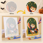Before and after of a Halloween Hangout Friends mini paint by numbers canvas
