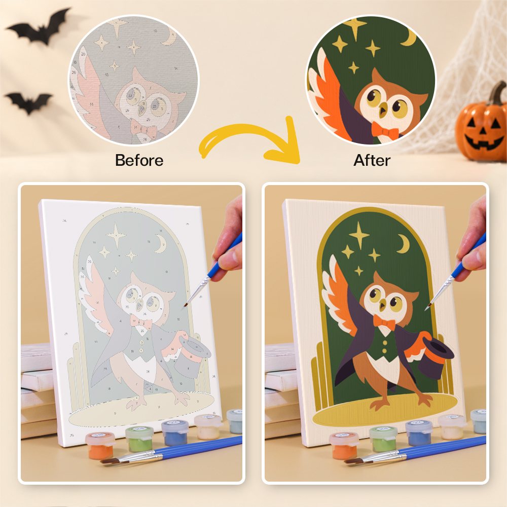 Before and after of a Halloween Hangout Friends mini paint by numbers canvas