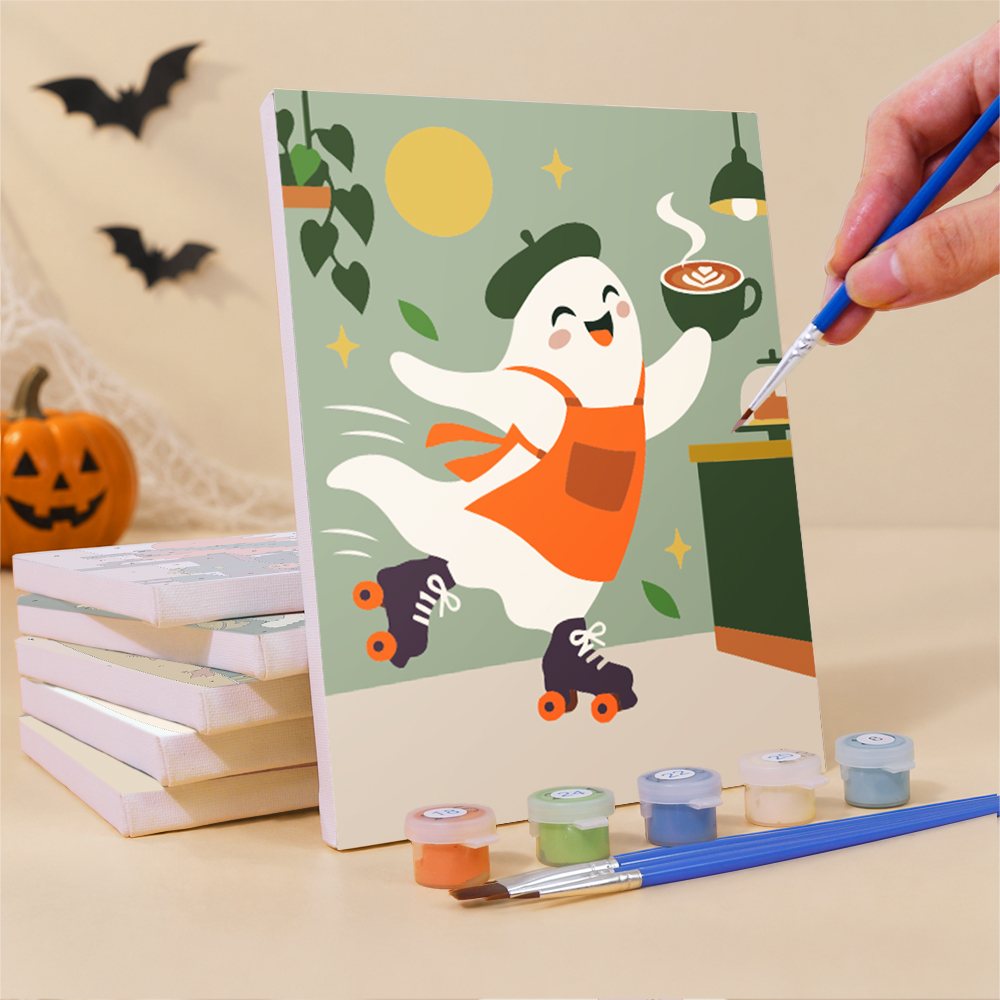 Painting a Halloween Hangout Friends mini canvas propped up beside numbered acrylic paints