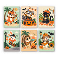 Halloween Jam Session mini paint by numbers set: six animals partying for Halloween, including a fox, raccoon DJ, black cat, bunny, hedgehog and puppy