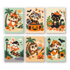 Halloween Jam Session mini paint by numbers set: six animals partying for Halloween, including a fox, raccoon DJ, black cat, bunny, hedgehog and puppy