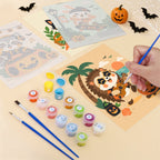 Filling in a Halloween Jam Session mini canvas with numbered acrylic paints and a fine brush