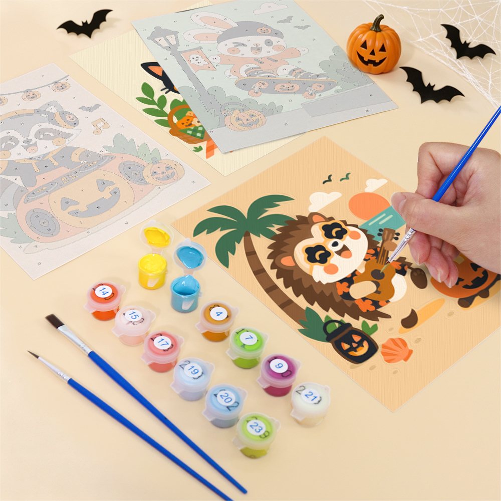 Filling in a Halloween Jam Session mini canvas with numbered acrylic paints and a fine brush