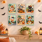 Halloween Jam Session mini paintings displayed as a gallery wall in a sunny kitchen