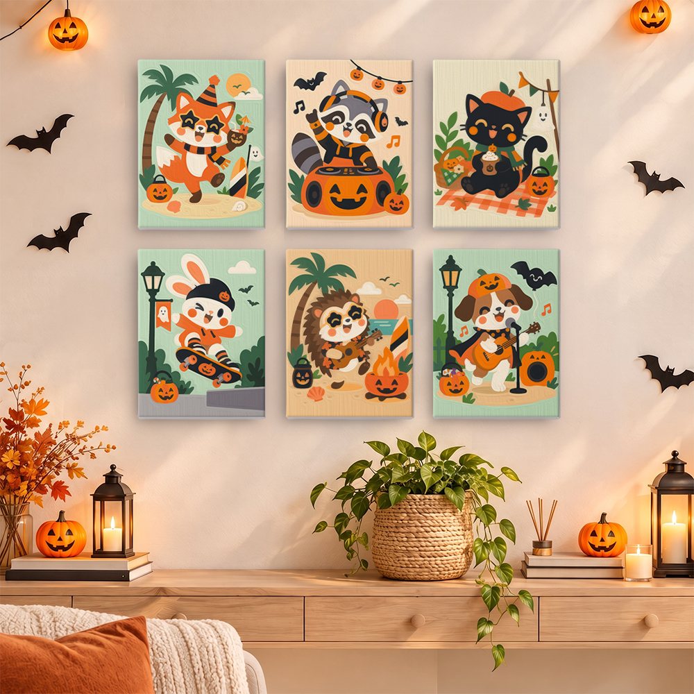 Halloween Jam Session mini paintings displayed as a gallery wall in a sunny kitchen
