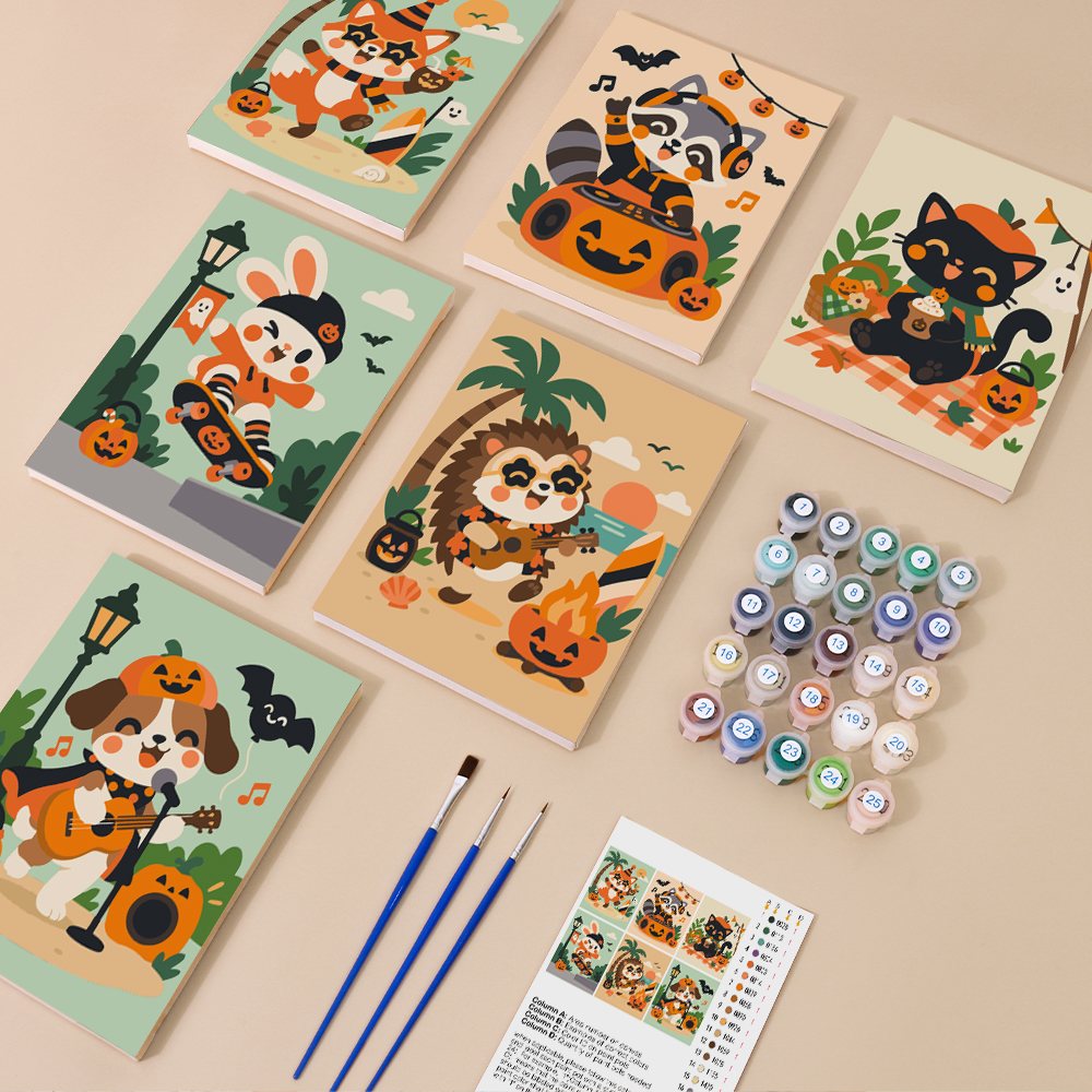 Halloween Jam Session mini paint by numbers kit with six numbered canvases, acrylic paints, brushes and layout