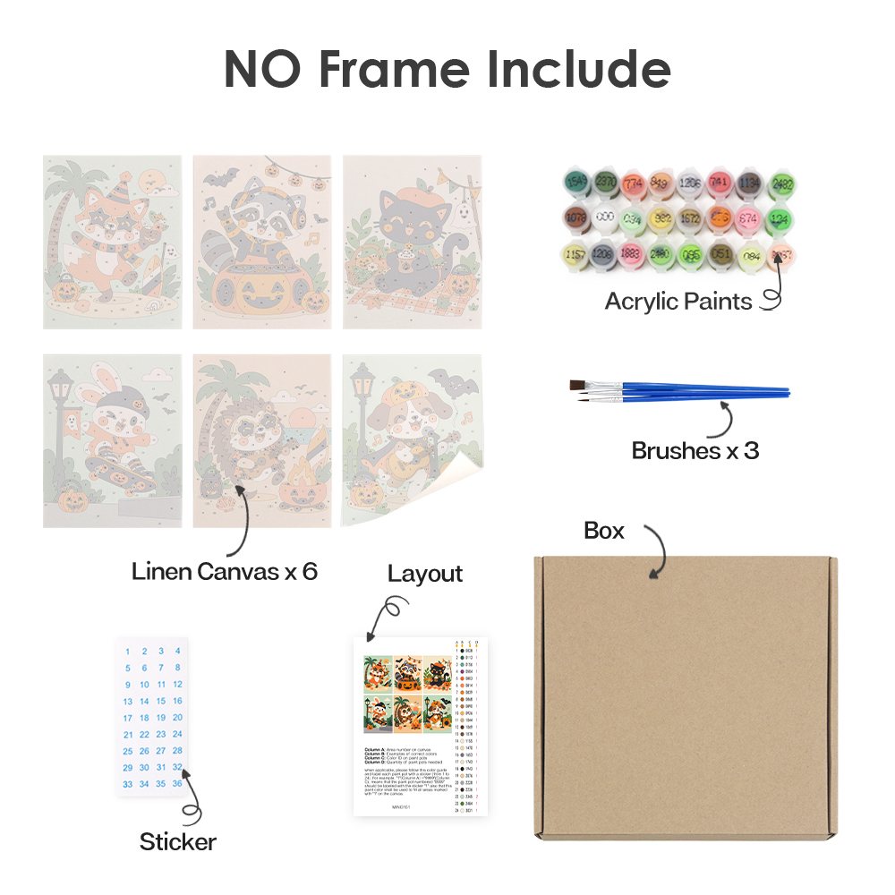 What's included without a frame: six rolled Halloween Jam Session mini canvases, acrylic paints, three brushes and layout