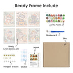 What's included pre-stretched on frame: six framed Halloween Jam Session mini canvases, paints, three brushes, hangers and layout
