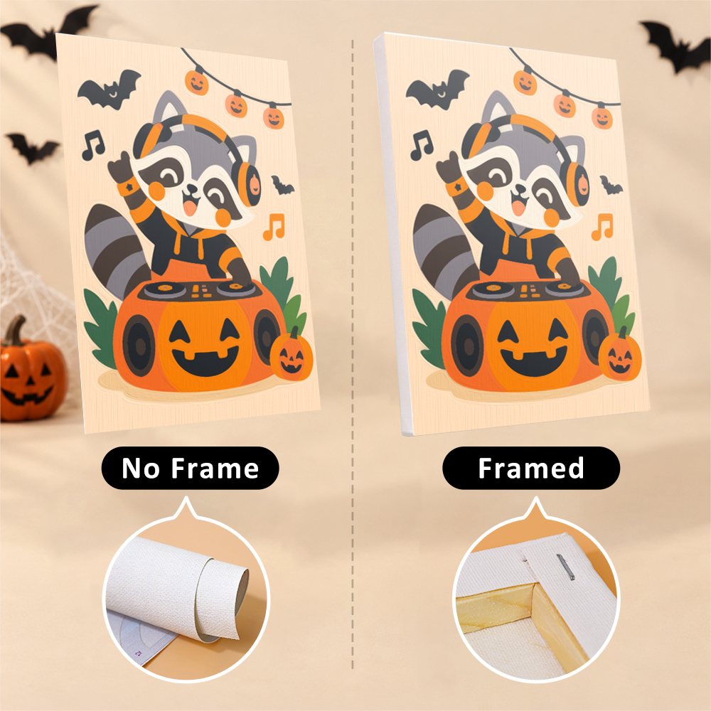 Halloween Jam Session mini canvas shown rolled without a frame and pre-stretched on a frame