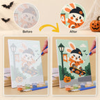 Before and after of a Halloween Jam Session mini paint by numbers canvas