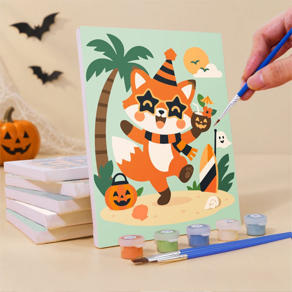 Painting a Halloween Jam Session mini canvas propped up beside numbered acrylic paints