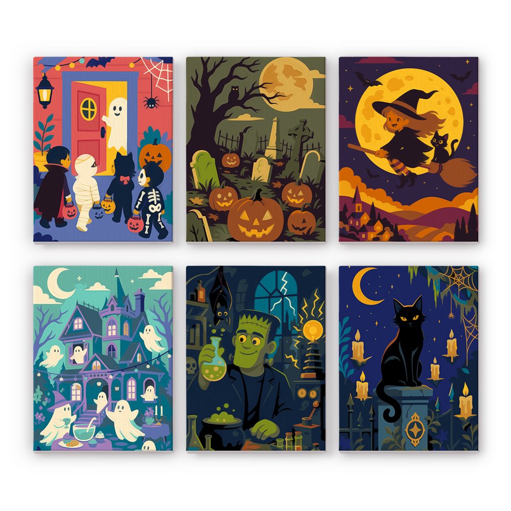 Halloween Night Adventures mini paint by numbers set: six Halloween night scenes with trick-or-treaters, a graveyard, a witch, a haunted mansion, a monster and a black cat