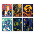 Halloween Night Adventures mini paint by numbers set: six Halloween night scenes with trick-or-treaters, a graveyard, a witch, a haunted mansion, a monster and a black cat