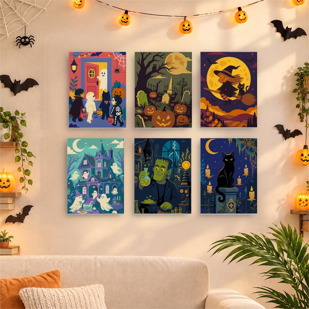 Before and after of a Halloween Night Adventures mini paint by numbers canvas