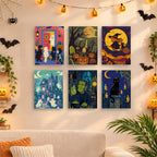 Before and after of a Halloween Night Adventures mini paint by numbers canvas