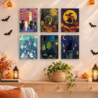 Painting a Halloween Night Adventures mini canvas propped up beside numbered acrylic paints