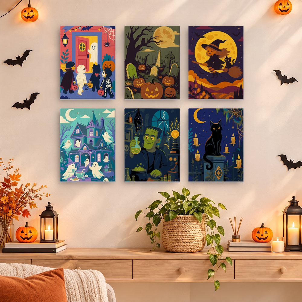 Painting a Halloween Night Adventures mini canvas propped up beside numbered acrylic paints