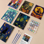 Painting one of the Halloween Night Adventures designs next to a stack of mini canvases