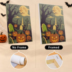Six finished Halloween Night Adventures mini paintings hung on a wall above a table