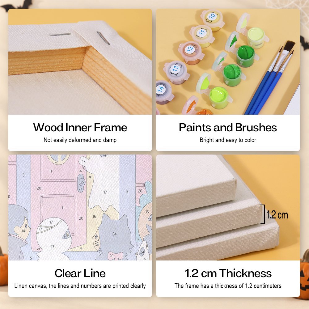 Halloween Night Adventures mini paint by numbers kit with six numbered canvases, acrylic paints, brushes and layout