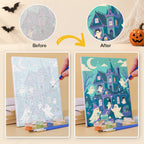 What's included without a frame: six rolled Halloween Night Adventures mini canvases, acrylic paints, three brushes and layout