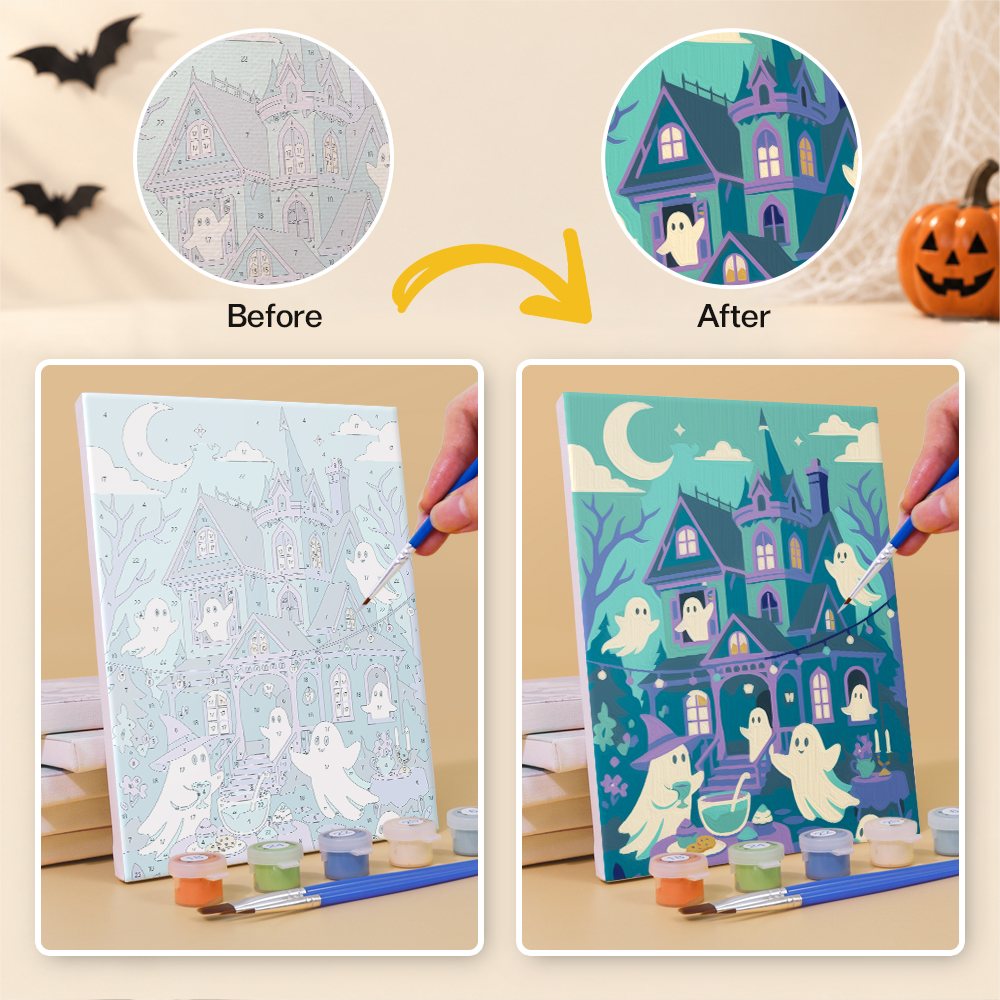 What's included without a frame: six rolled Halloween Night Adventures mini canvases, acrylic paints, three brushes and layout