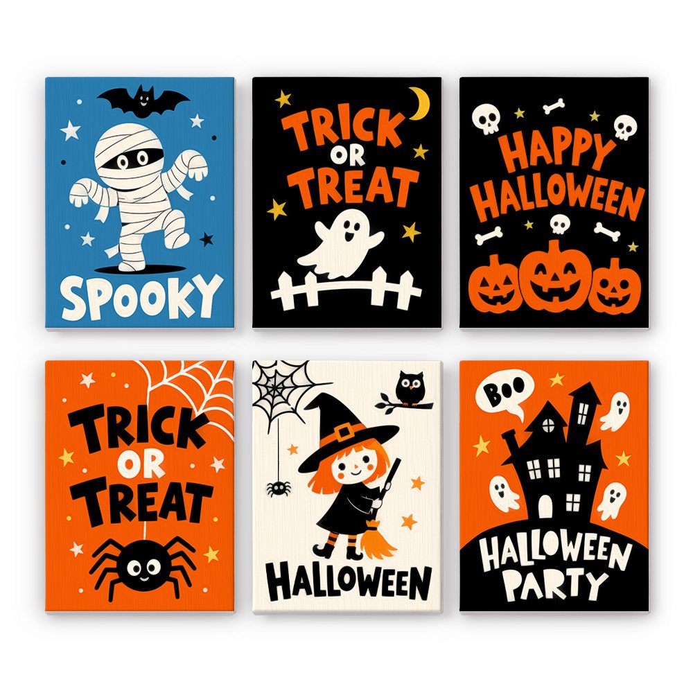 Halloween Party Signs mini paint by numbers set: six bold lettering signs reading Spooky, Trick or Treat, Happy Halloween, Halloween and Halloween Party