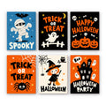 Halloween Party Signs mini paint by numbers set: six bold lettering signs reading Spooky, Trick or Treat, Happy Halloween, Halloween and Halloween Party