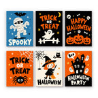 Halloween Party Signs mini paint by numbers set: six bold lettering signs reading Spooky, Trick or Treat, Happy Halloween, Halloween and Halloween Party