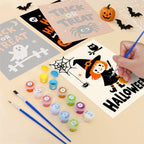 Filling in a Halloween Party Signs mini canvas with numbered acrylic paints and a fine brush