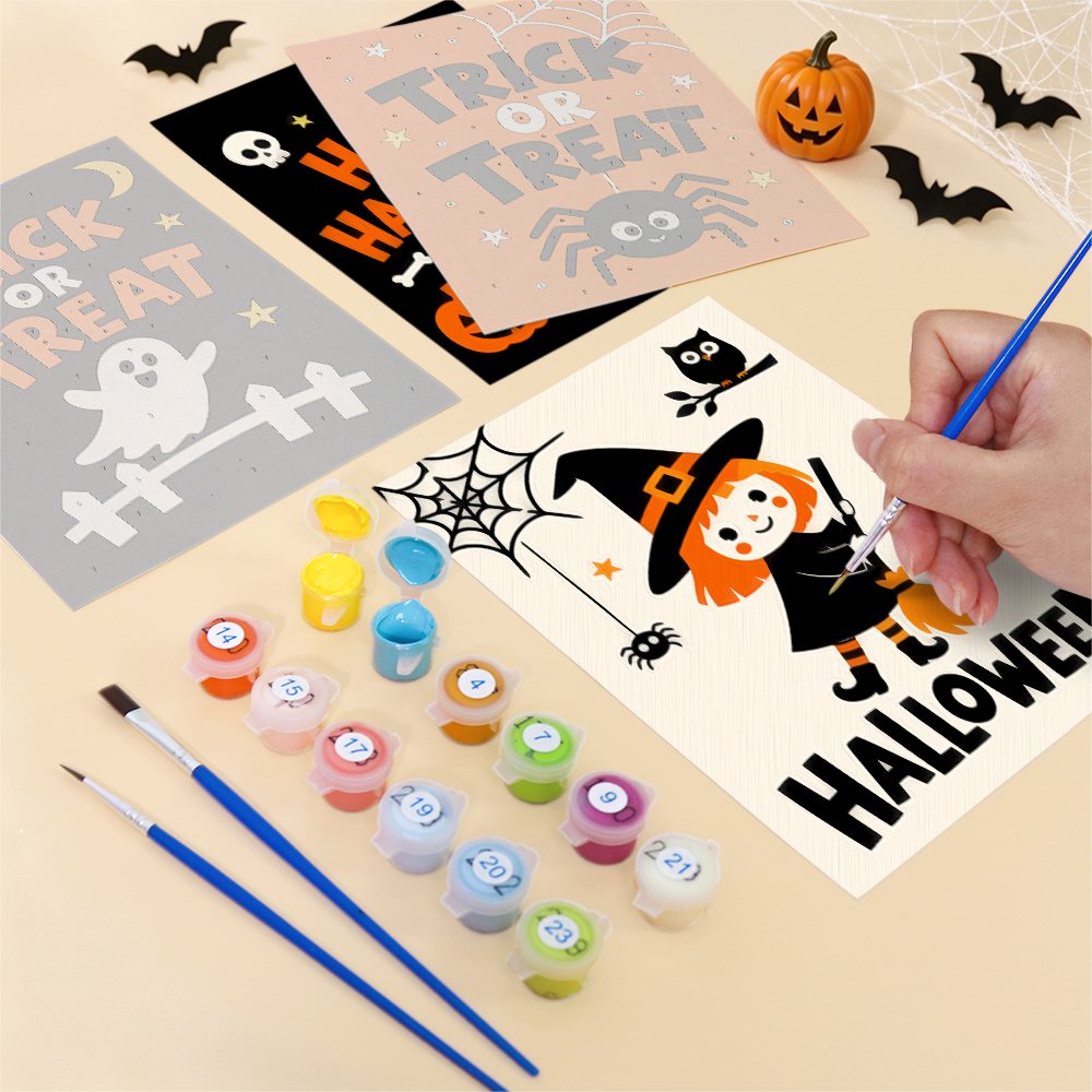 Filling in a Halloween Party Signs mini canvas with numbered acrylic paints and a fine brush