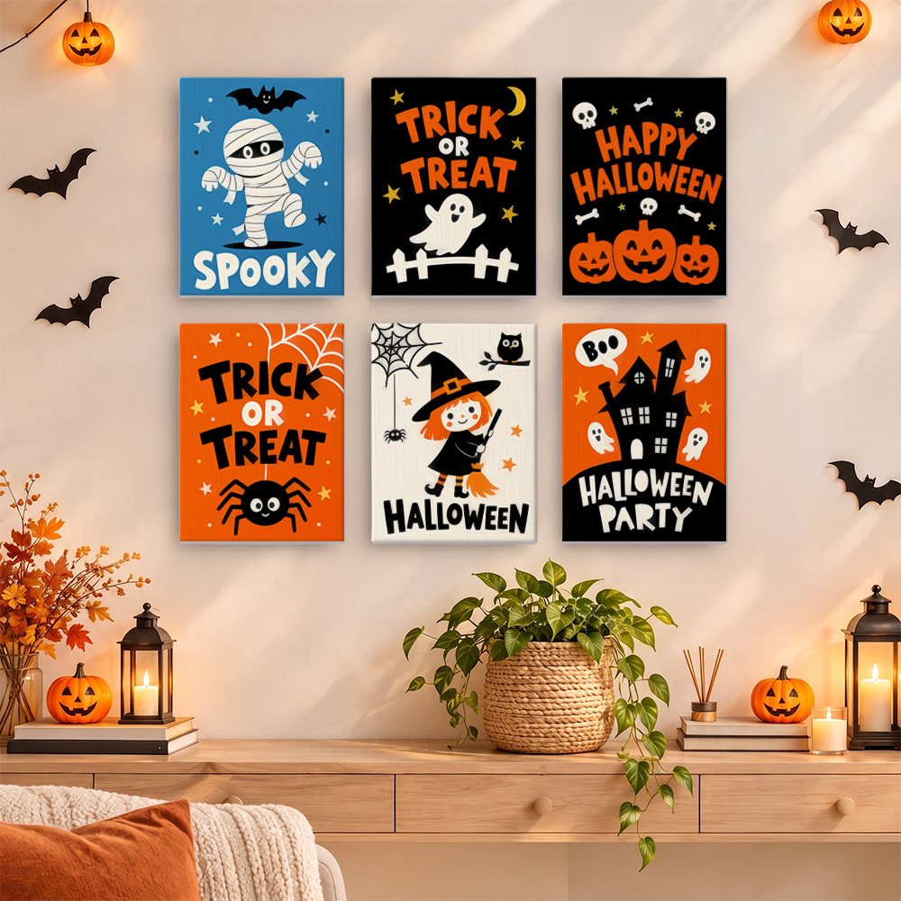 Halloween Party Signs mini paintings displayed as a gallery wall in a sunny kitchen