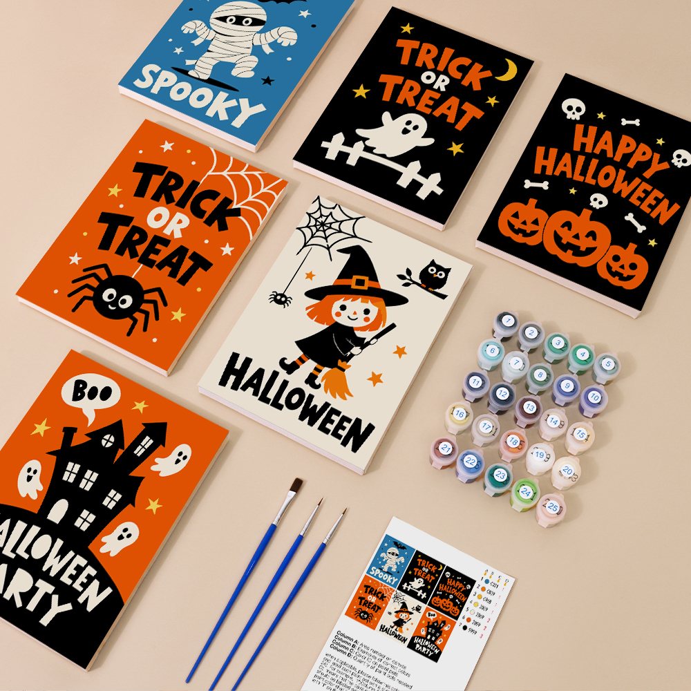 Halloween Party Signs mini paint by numbers kit with six numbered canvases, acrylic paints, brushes and layout