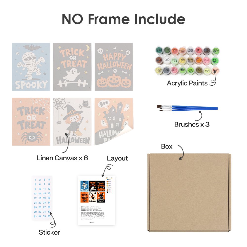What's included without a frame: six rolled Halloween Party Signs mini canvases, acrylic paints, three brushes and layout