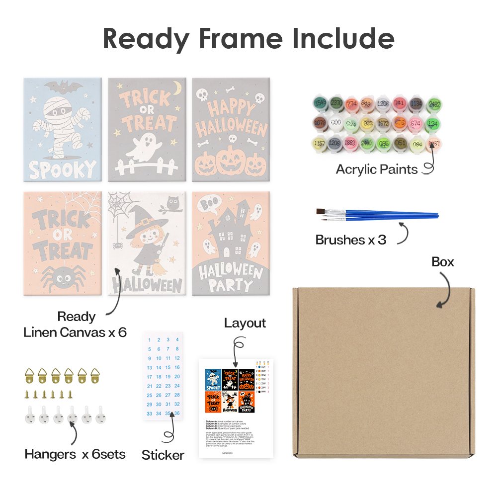 What's included pre-stretched on frame: six framed Halloween Party Signs mini canvases, paints, three brushes, hangers and layout