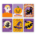 Halloween Party Stripes mini paint by numbers set: six purple and orange party designs with a ghost, pumpkin, black cat, flying witch, witch hat and bat