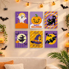Before and after of a Halloween Party Stripes mini paint by numbers canvas