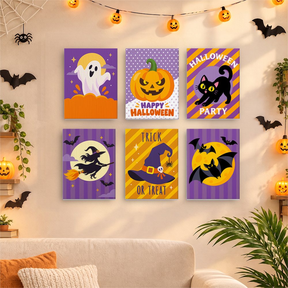 Before and after of a Halloween Party Stripes mini paint by numbers canvas