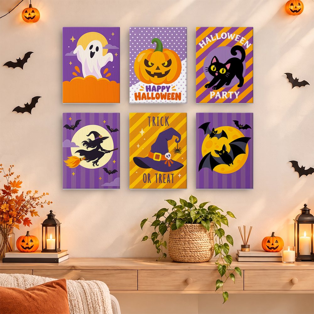 Painting a Halloween Party Stripes mini canvas propped up beside numbered acrylic paints