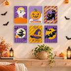 Painting a Halloween Party Stripes mini canvas propped up beside numbered acrylic paints