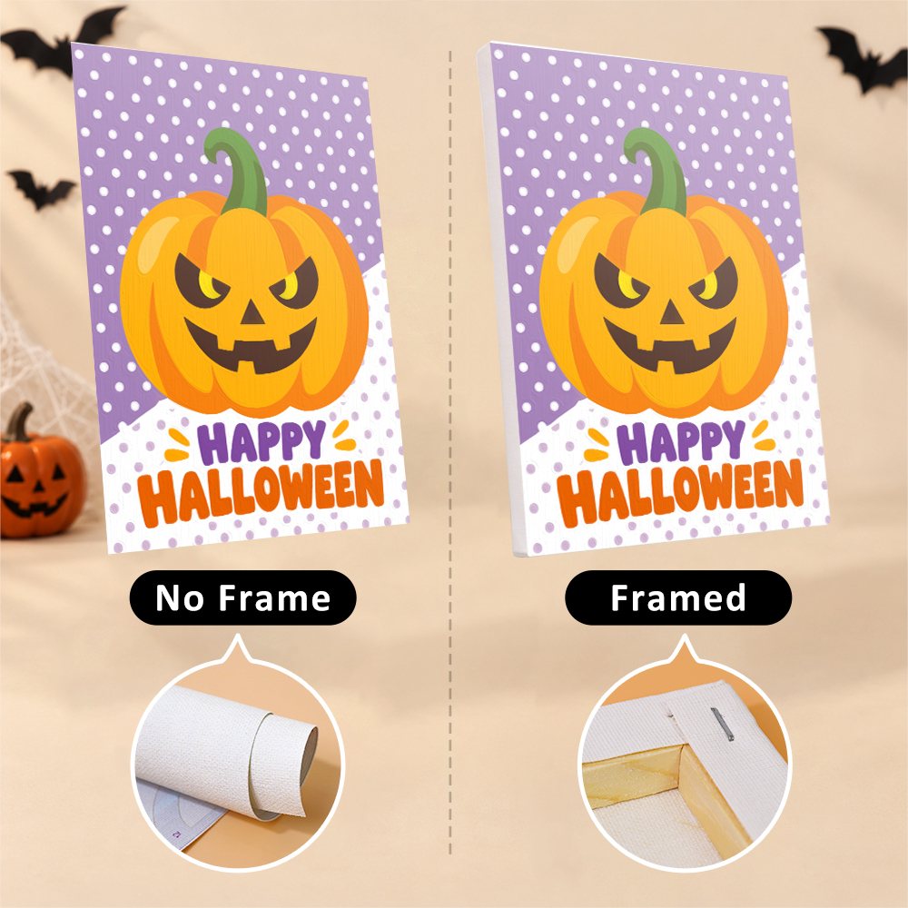Six finished Halloween Party Stripes mini paintings hung on a wall above a table