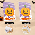 Six finished Halloween Party Stripes mini paintings hung on a wall above a table