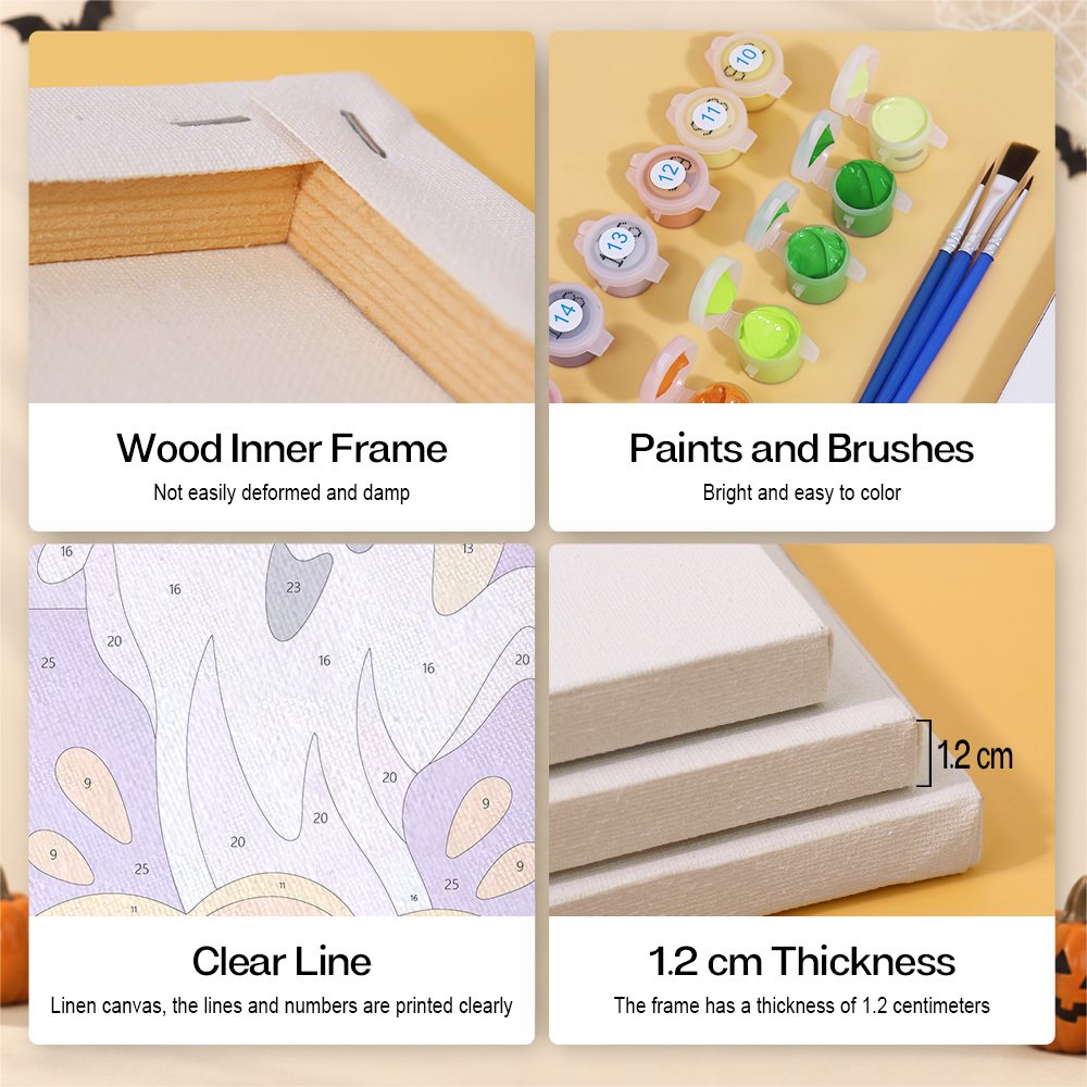 Halloween Party Stripes mini paint by numbers kit with six numbered canvases, acrylic paints, brushes and layout