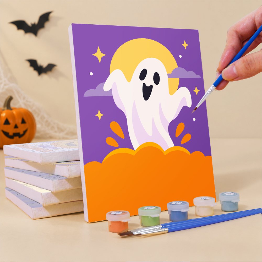 What's included pre-stretched on frame: six framed Halloween Party Stripes mini canvases, paints, three brushes, hangers and layout