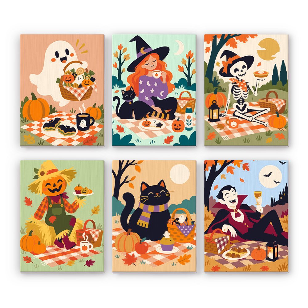 Halloween Picnic Party mini paint by numbers set: six autumn picnics on checkered blankets with a ghost, witch, skeleton, scarecrow, black cat and vampire