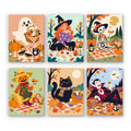 Halloween Picnic Party mini paint by numbers set: six autumn picnics on checkered blankets with a ghost, witch, skeleton, scarecrow, black cat and vampire